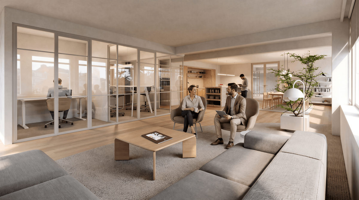 Calm Collective open-plan kantoor met werkplekken en glazen vergaderruimte