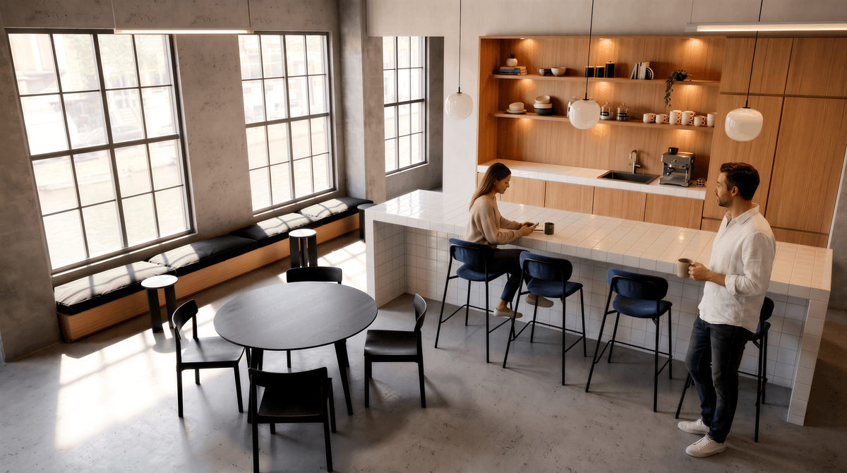 Creative Urban kantoorruimte met werkplekken en groene stoelen