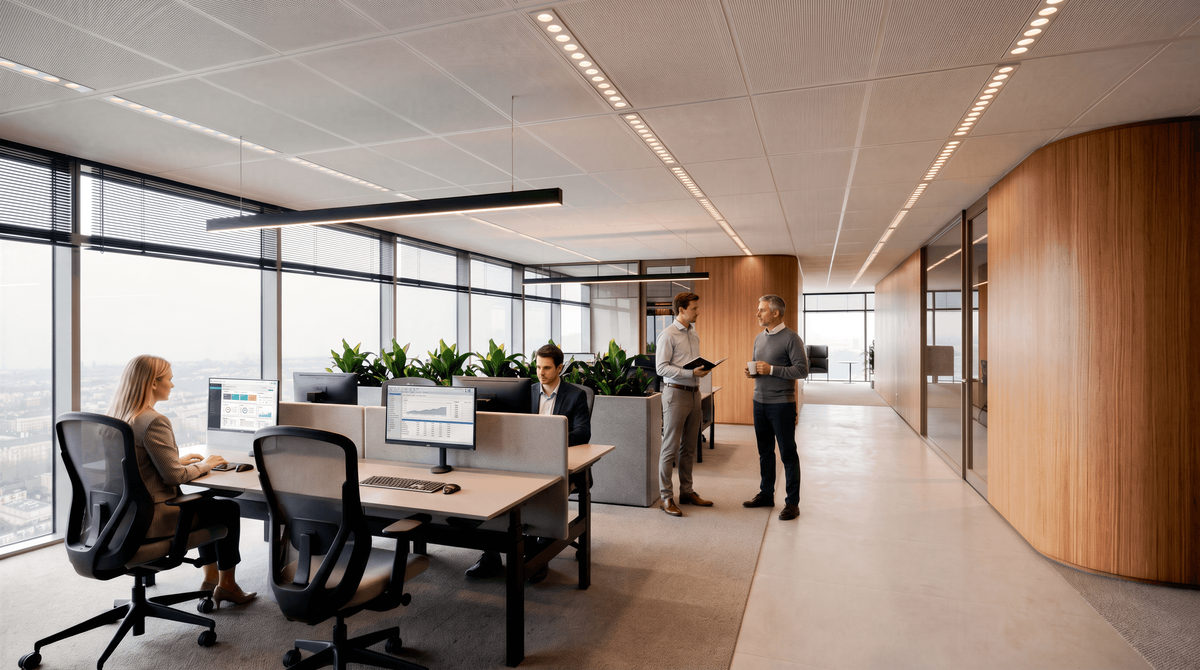 Refined Modern kantoorruimte met werkplekken, planten en houten wandafwerking