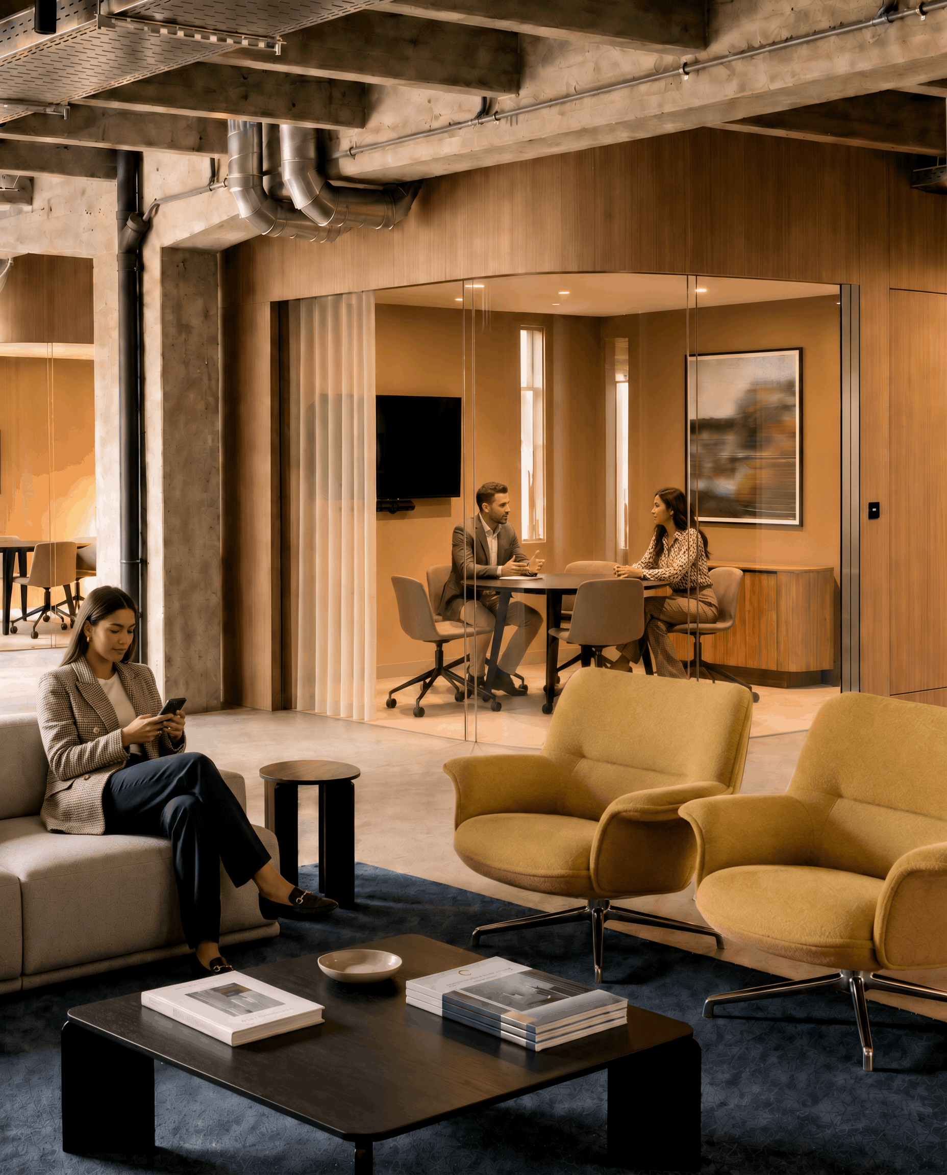 Refined Modern kantoorruimte met warme materialen, loungefauteuils en vergaderruimte