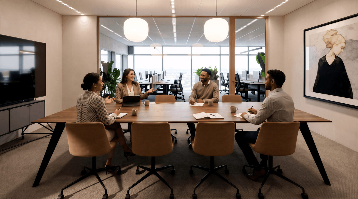 Refined Modern vergaderruimte met houten tafel, stoelen en veel daglicht