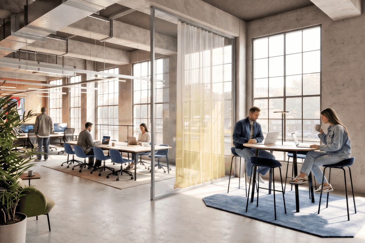 Creative Urban interieur met flexibele werkplekken en kleuraccenten
