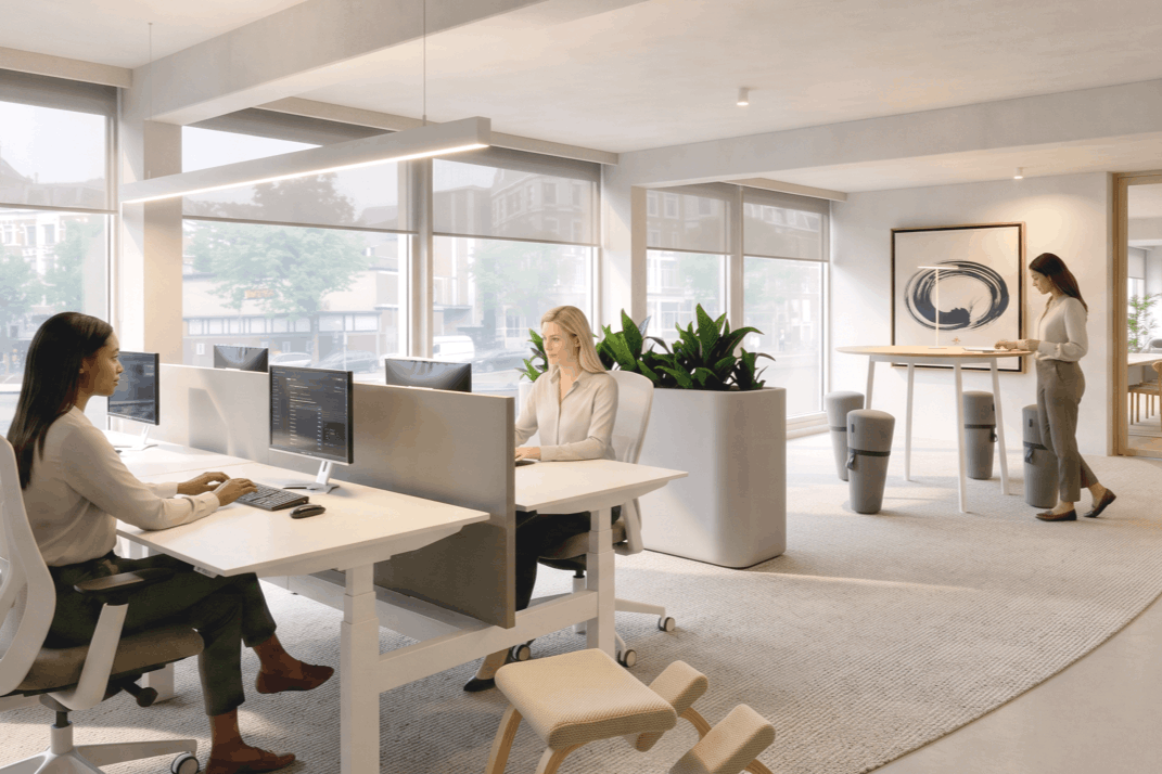 Calm Collective interieur met lichte werkplekken en natuurlijke materialen