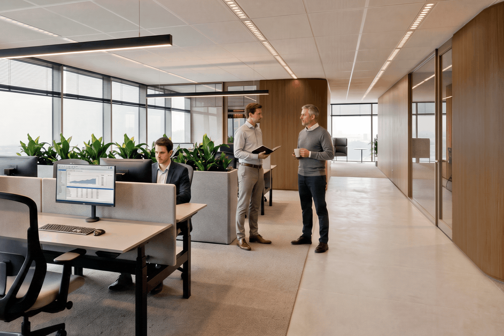 Refined Modern kantoorinterieur met warme houttinten en werkplekken